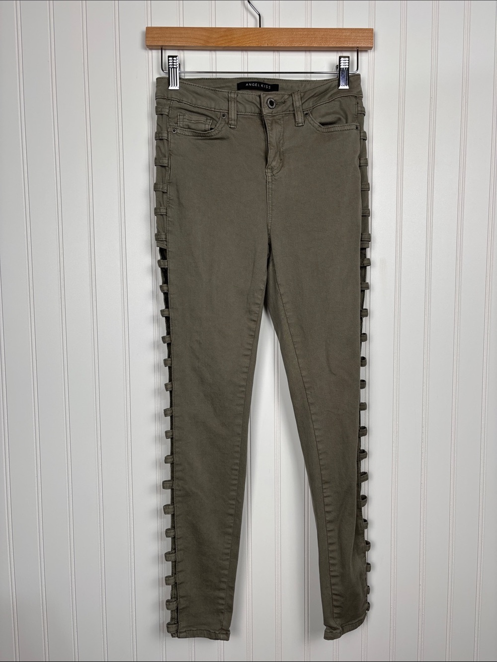 Angel Kiss Olive High-Rise Skinny Jeans Side Lace Up Cut Out Details Juniors 5